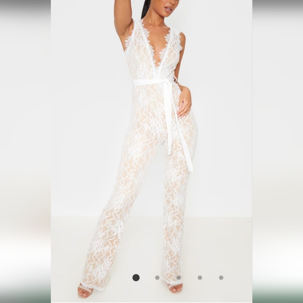 Pretty Little Thing White Lace Contrast Plunge Jumpsuit